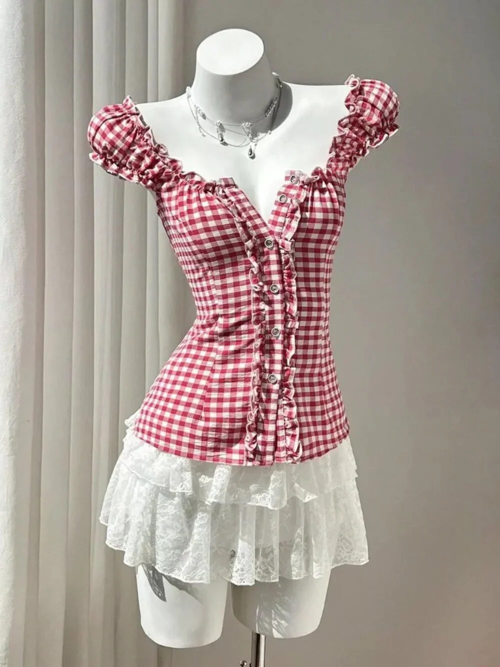 Frill Gingham Cap Sleeve Blouse